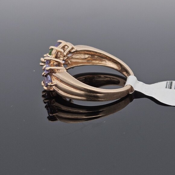 14K Yellow Gold Tanzanite & Emerald Flower Motif Cluster Gemstone Ring Size 8 - Picture 10 of 16